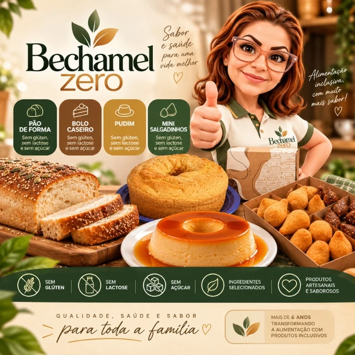 Mascote Bechamel Zero com pães, bolo, pudim e salgadinhos
