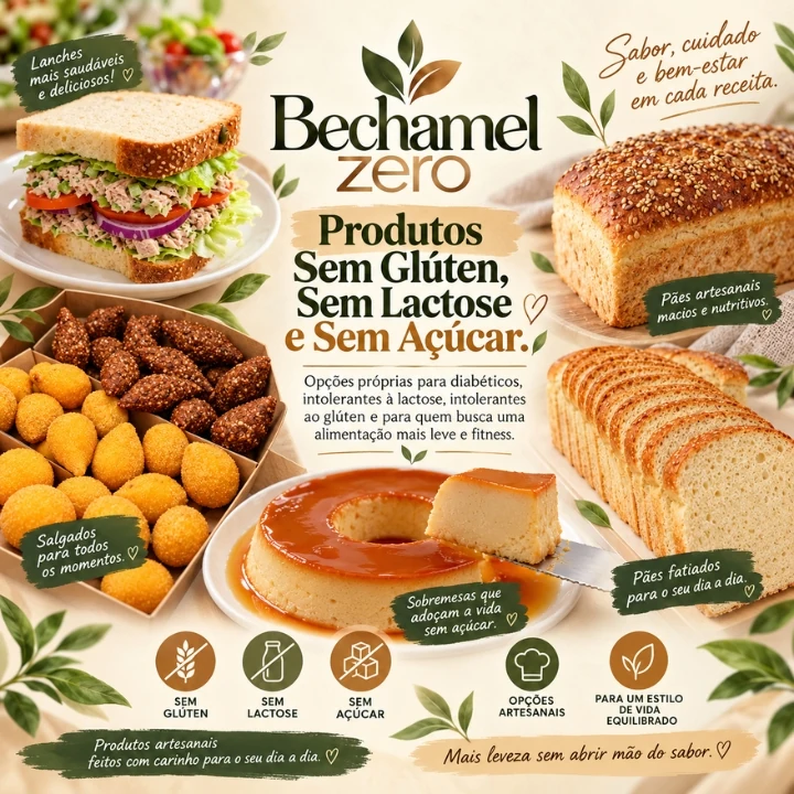 Produtos da Bechamel Zero, como pães, pudim, sanduíches e salgadinhos
